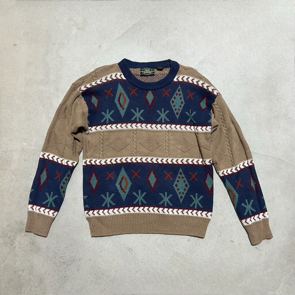 Vintage Croft And Borrow Knit Sweater Size L Blue Brown Pattern